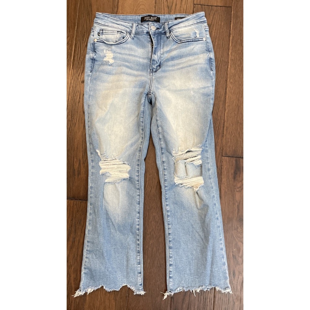 Judy Blue Cropped‎ Straight Jeans Size 7/28 Light Wash Raw Hem Stretch Denim